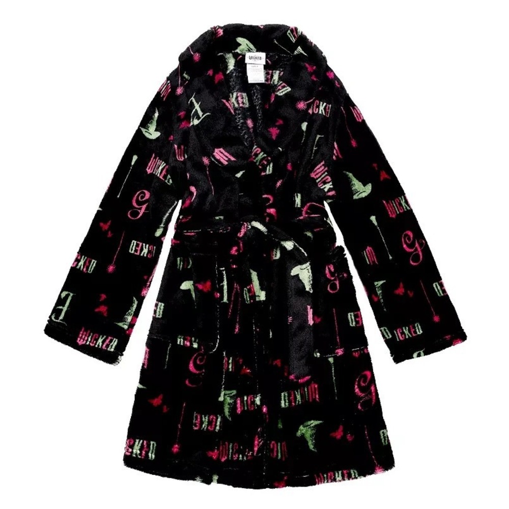 Wicked Girls Glinda and Elphaba Motifs Black‎ Plush Soft Fleece Robe Size 6